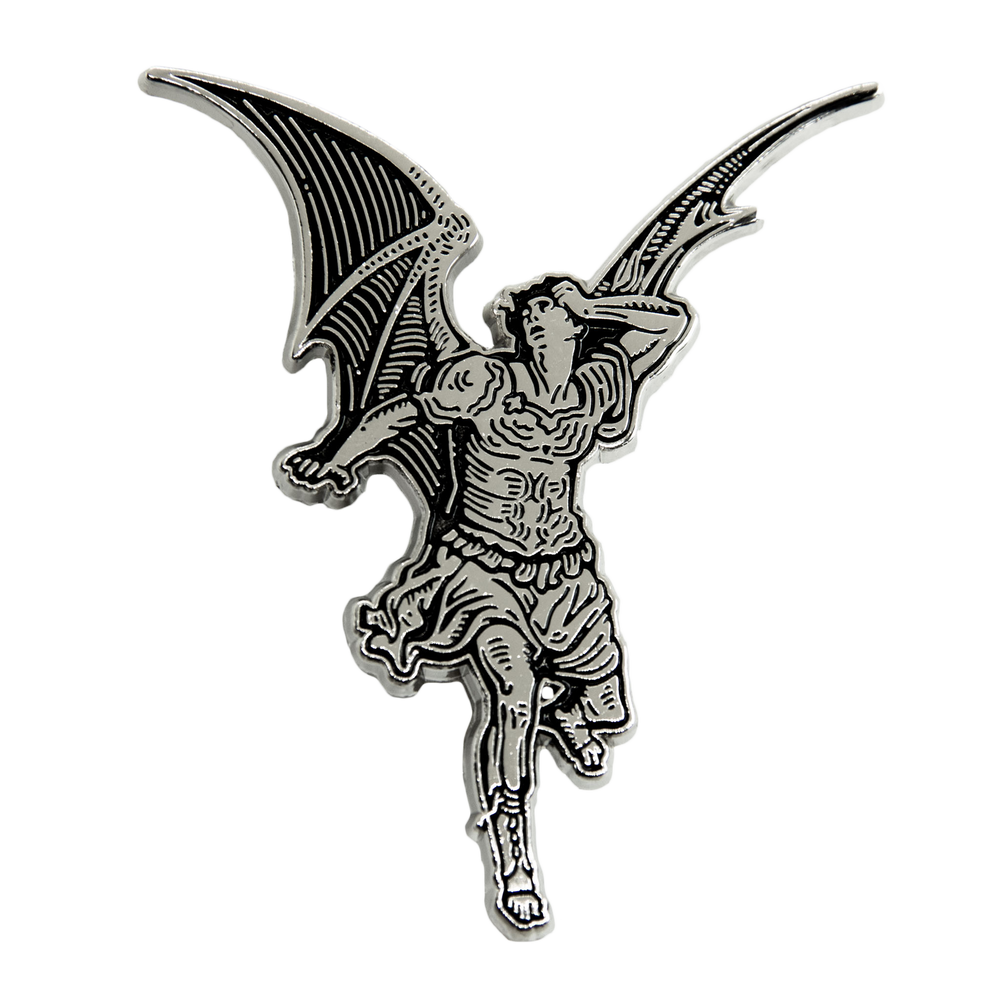 A black and silver lapel pin of lucifer for punk and metal fashion. 