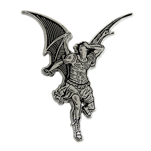 A black and silver lapel pin of lucifer for punk and metal fashion. 