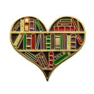 Enamel pin brooch of a library book shelf shaped like a heart. 