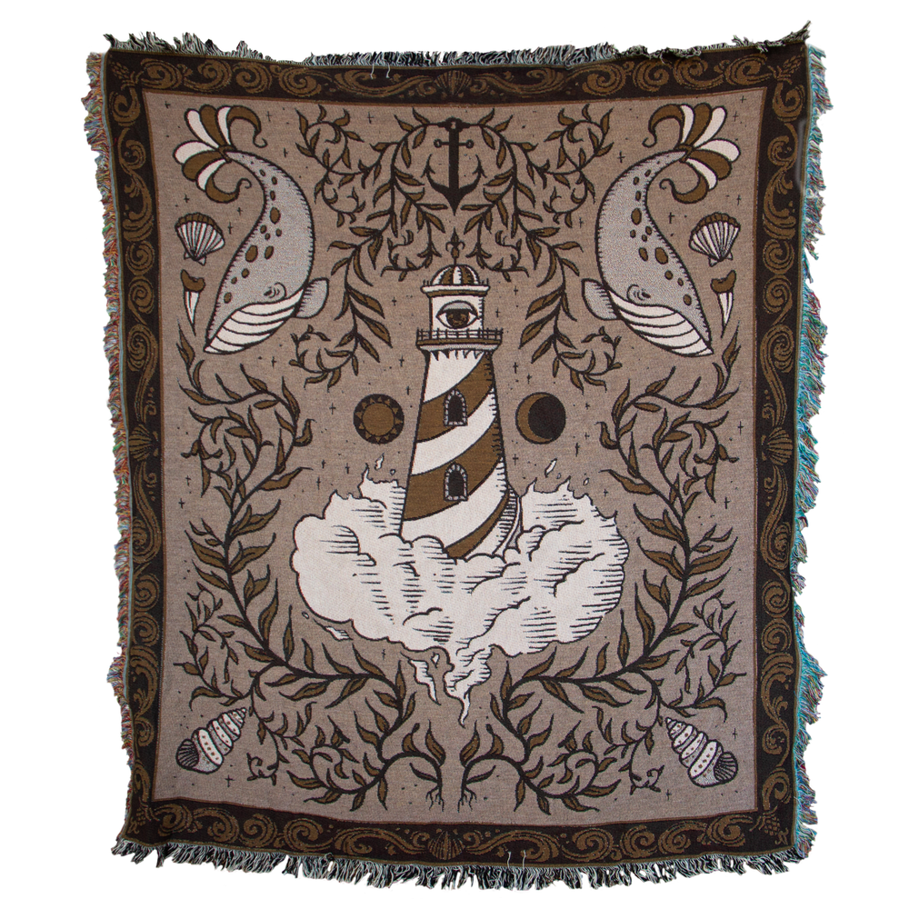 Ectogasm woven lighthouse blanket. Detailed artwork features whales, seashells, an anchor, and occult symbols. 