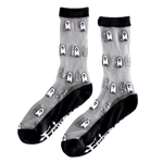 Sheer black and white socks printed with cute, tiny ghosts for Halloween fashion. Designed by Ectogasm. 
