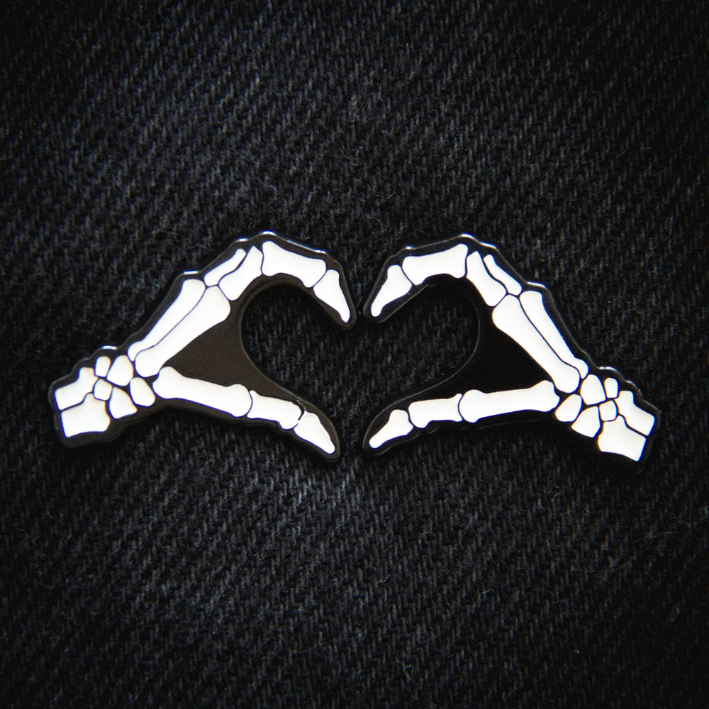 Ectogasm skeleton heart hands enamel pin set for goth and punk alternative fashion. 