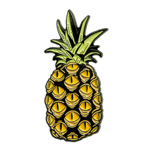 Ectogasm surreal artsy enamel pin of a pineapple with spooky eyes. 