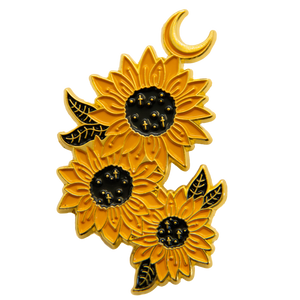 Ectogasm beautiful yellow, gold, and black sunflower botanical enamel pin. 