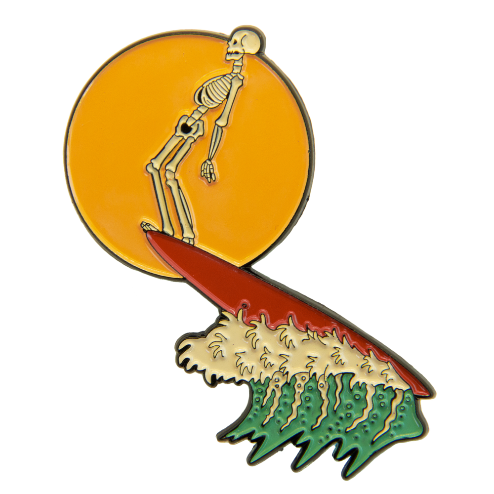 Ectogasm surfing skeleton hanging ten enamel pin. 
