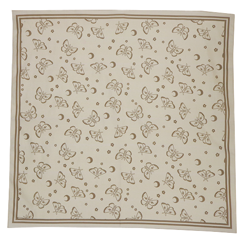 An Ectogasm square cloth printed with moths, moons, and flowers. Can be used as an altar cloth, bandana, or wall art. 