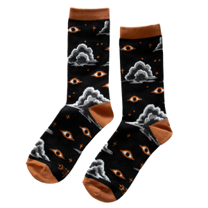 Ectogasm occult inspired crew socks with a pattern of eyes, clouds, and stars for dark elegant fashion. 