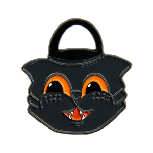 
            
                Load image into Gallery viewer, Ectogasm black and orange vintage style cat Halloween lapel pin for alternative fashion. 
            
        