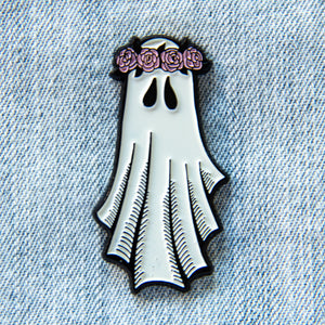 A cute enamel pin of a ghost wearing a pink flower crown for unique fashion.
