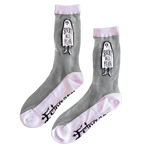 Sheer socks with a ghost on them and the funny quote, "Spooky All Year". Socks are black and white with pastel purple details. Made by designer Ectogasm.