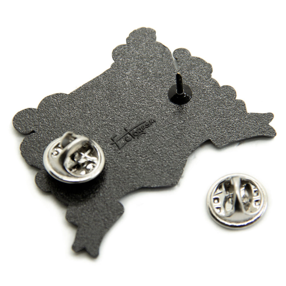 Two metal clasps on the back of an Ectogasm lapel pin. 