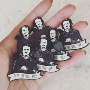 Funny Edgar Allan Poe literary brooches for Halloween. 