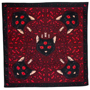 A black and red occult art wall hanging with black cats, medieval nature imagery, and candles. 